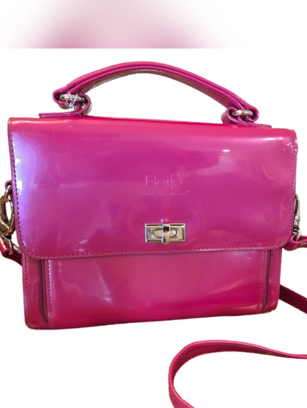 BEIJO Fuchsia Patent Leather Top-Handle Crossbody Bag
